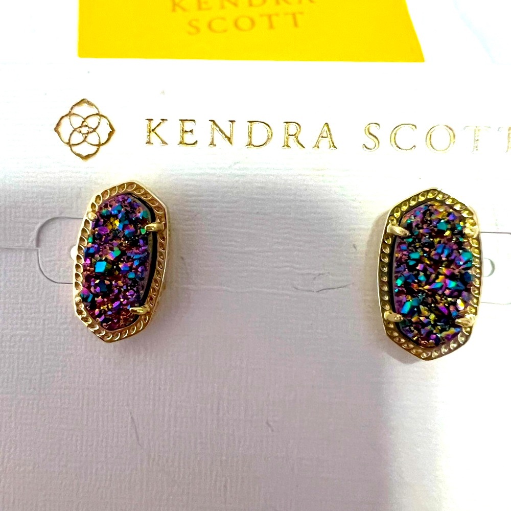 NWT Kendra Scott RARE & Retired Ellie Earrings Multi Colored Drusy Yellow Gold! - Picture 4 of 17